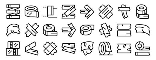 duct tape icons set. Line icons of adhesive tape rolls and pieces in different positions vector
