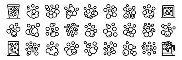 Bubble fizz icons set. Set of effervescent bubbles floating in drinks and detergent for dishwashing and laundry vector