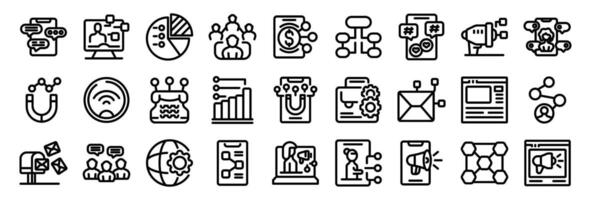 referral network icons set. Line icons illustrating various aspects of digital marketing, from social media to email campaigns vector
