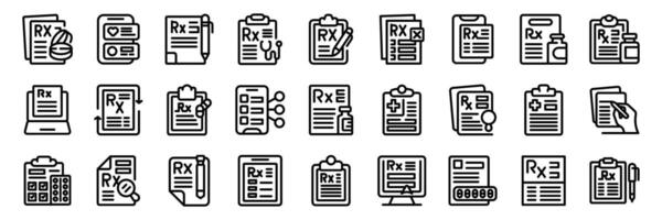 RX form icons set. Doctors writing prescriptions and giving medical advice using modern technology vector