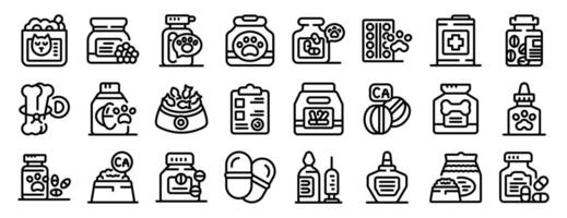 vitamins pets icons set. Veterinarian prescribing animal medicine, vitamins, and supplements vector