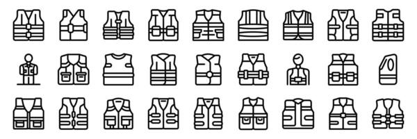 Safety vest icons set. Life vest icons showing different types of life jackets and workers wearing them for safety vector