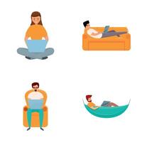 Remote work icons set cartoon . People work in comfortable condition vector