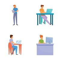 Distant work icons set cartoon . People work in comfortable condition vector