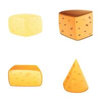 Cheese assortment icons set cartoon . Various type of hard and soft cheese vector