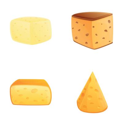 Cheese assortment icons set cartoon . Various type of hard and soft cheese