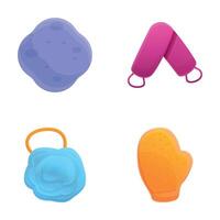 Body scrubber icons set cartoon . Shower sponge various shape and color vector