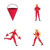 Fire department icons set cartoon . Firefighter with firefighting tool vector