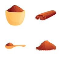 Cinnamon spice icons set cartoon . Incense stick and cinnamon powder vector
