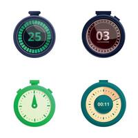 Stop watch icons set cartoon . Various type of stopwatch vector