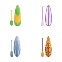 Sup boarding icons set cartoon . Various inflatable sup board with paddle vector