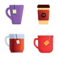 caliente té íconos conjunto dibujos animados . varios tipo de taza con té vector
