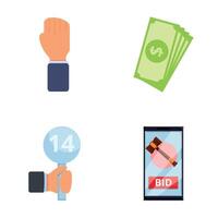 Online auction icons set cartoon . Buying and selling lot at auction vector