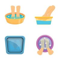 Spa procedure icons set cartoon . Feet soaking in bowl with flower petal vector