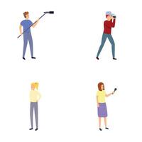 Journalist icons set cartoon . Reporter with microphone and cameraman vector