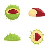 Ripe chestnut icons set cartoon . Chestnut with leaf and spiky shell vector