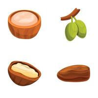 Shea butter icons set cartoon . Shea nut with liquid extract vector