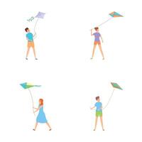 Summer rest icons set cartoon . People with kite flying in sky vector