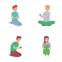 Gamer icons set cartoon . People with joystick and play game vector