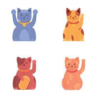 Japenese cat icons set cartoon . Various cat maneki neko with raised paw vector