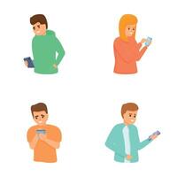 Phone user icons set cartoon . People talking and typing on smartphone vector