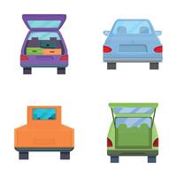 Automobile trunk icons set cartoon . Various minivan with open trunk vector