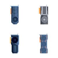 Graphic card icons set cartoon . Computer graphic card with cooling fan vector