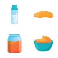 Soft caramel icons set cartoon . Nasty soft caramel in bowl and jar vector