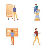 Work planning icons set cartoon . Group of people with clock and board vector