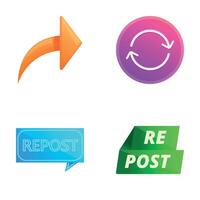 Repost icons set cartoon . Retweet repost and share button vector