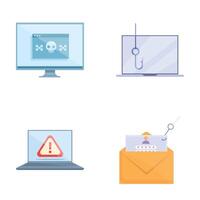 Hacker activity icons set cartoon . Email virus malware and cyber attack vector