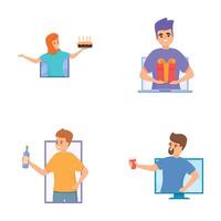 Virtual meeting icons set cartoon . Holiday in period of self isolation vector