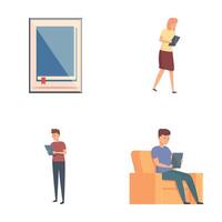 Online reading icons set cartoon . People reading book in digital library vector