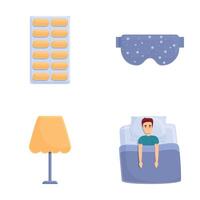 Sleep problem icons set cartoon . Man lies in bed and cannot sleep vector