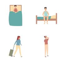Jet lag icons set cartoon . Change in human biorhythm and sleep problem vector