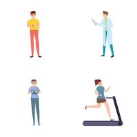 Cardio exercise icons set cartoon . People doing physical exercise vector