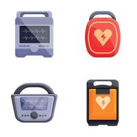 Defibrillator machine icons set cartoon . Automated external defibrillator vector