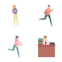Working late icons set cartoon . Office employee working overtime vector