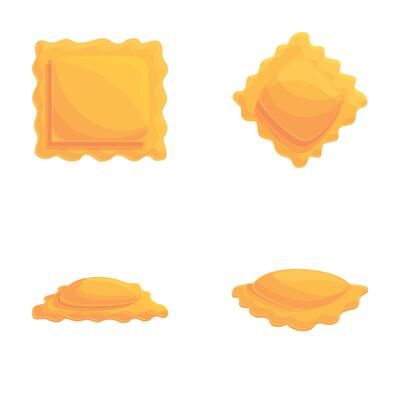 Various ravioli icons set cartoon . Ravioli of different shape