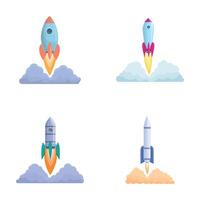 Rocket ship icons set cartoon . Rocket launch and fire flame vector