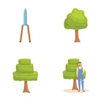 Trimming work icons set cartoon . Professional gardener with various tool vector