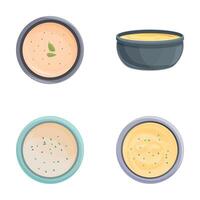 Soup icons set cartoon . Bowl of vegetable soup with peas potato and leek vector