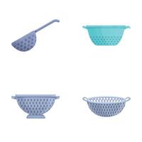 Cook colander icons set cartoon . Colander of various shape and color vector