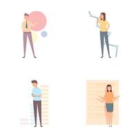 Benchmarking process icons set cartoon . People testing product quality vector