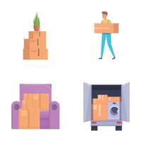 Delivery service icons set cartoon . Worker in uniform carry furniture vector