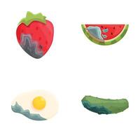 Spoiled food icons set cartoon . Various spoiled and damaged product vector
