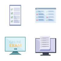Online exam icons set cartoon . Taking exam or test on device screen vector