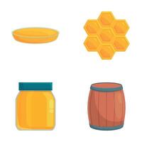 Fresh honey icons set cartoon . Honeycomb jar and barrel of honey vector