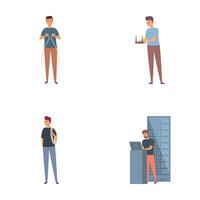 Upkeeping server icons set cartoon . Sysadmin adjusting network connection vector
