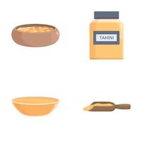 Tahini paste icons set cartoon . Tahini sauce and spoon with sesame vector